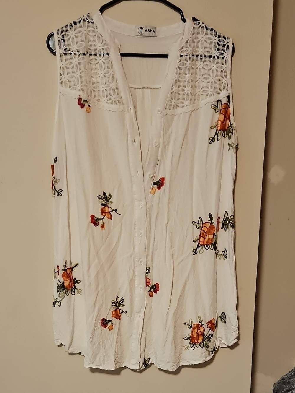 White Sleeveless Button-Front Tunic with Orange Floral Embroidery